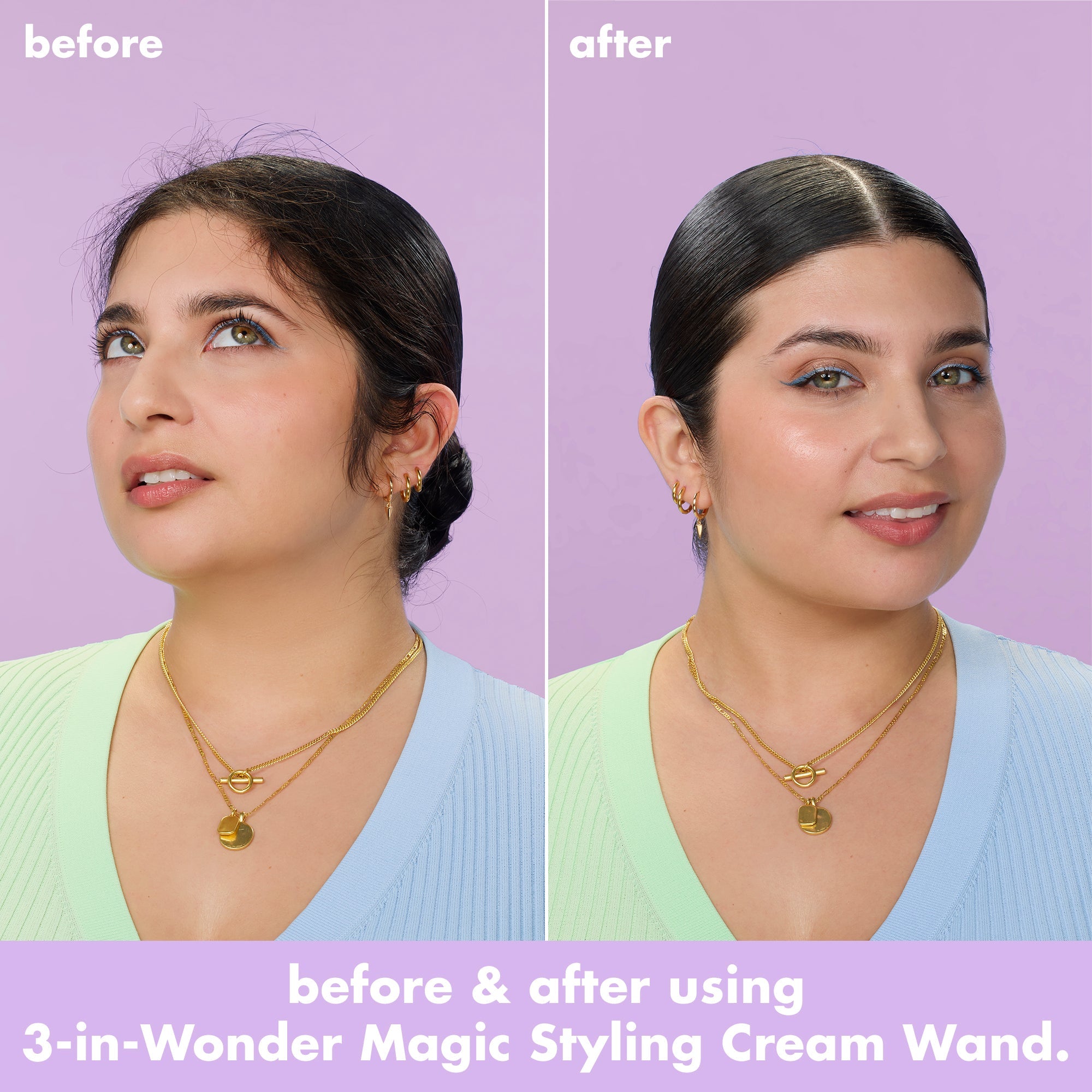 Before and after showing smoother, shinier hair with less flyaways after using 3-in-Wonder Magic Styling Cream Wand
