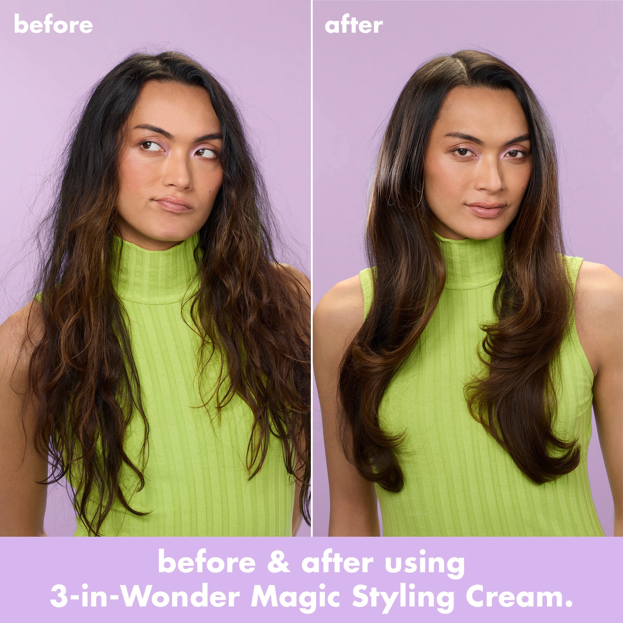 Before and after showing smoother, shinier hair after using 3-in-Wonder Magic Styling Cream