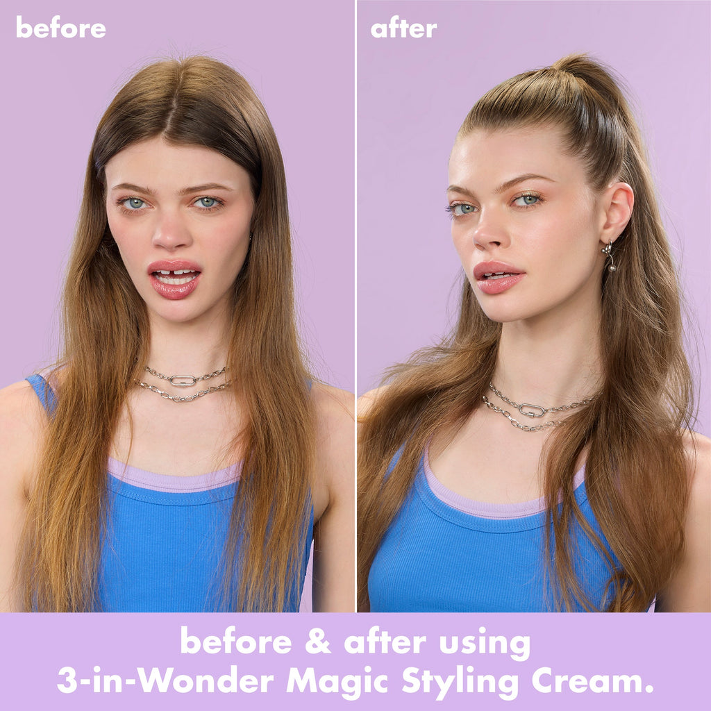 Before and after showing smoother, shinier hair after using 3-in-Wonder Magic Styling Cream