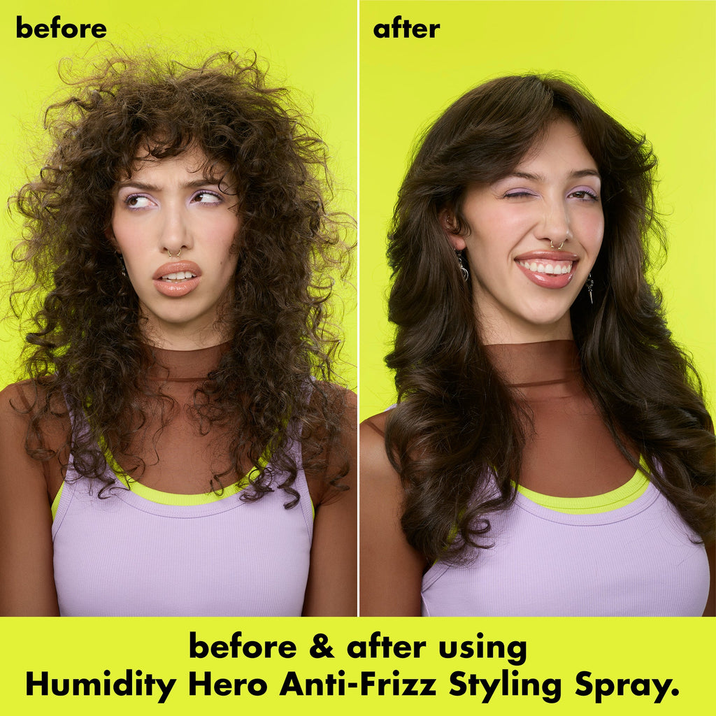 Before and After Curly Hair Using Humidity Hero Anti-Frizz Styling Spray