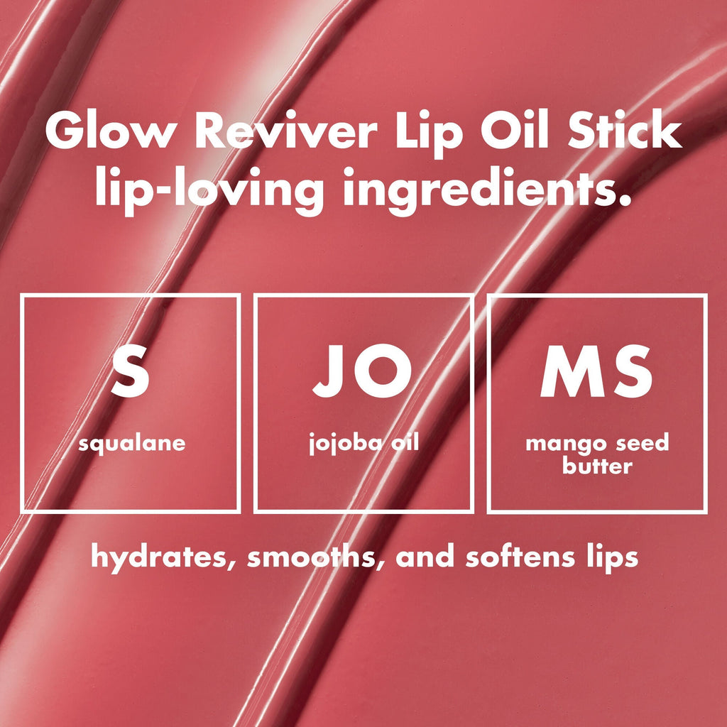 Glow Reviver Lip Oil Stick ingredients hydrates, smooths and softens lips - Squalane, Jojoba Oil, Mango Seed Butter