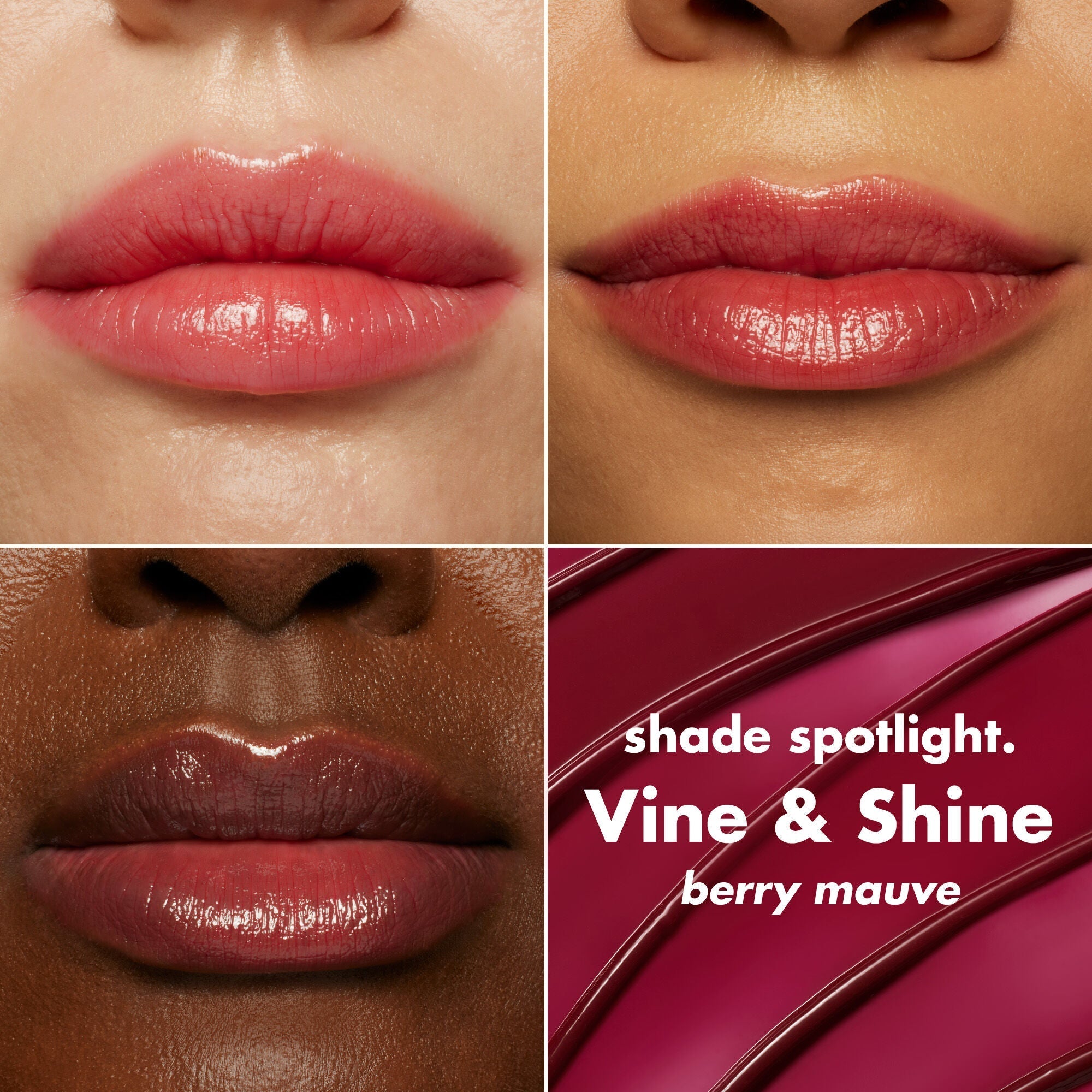 Glow Reiver tinted lip oil stick in the shade of Vine Shine on a different skin tones