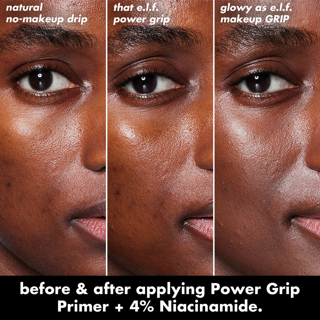Before applying primer and after applying Power Grip Primer with 4% Niacinamide for that glowy look.