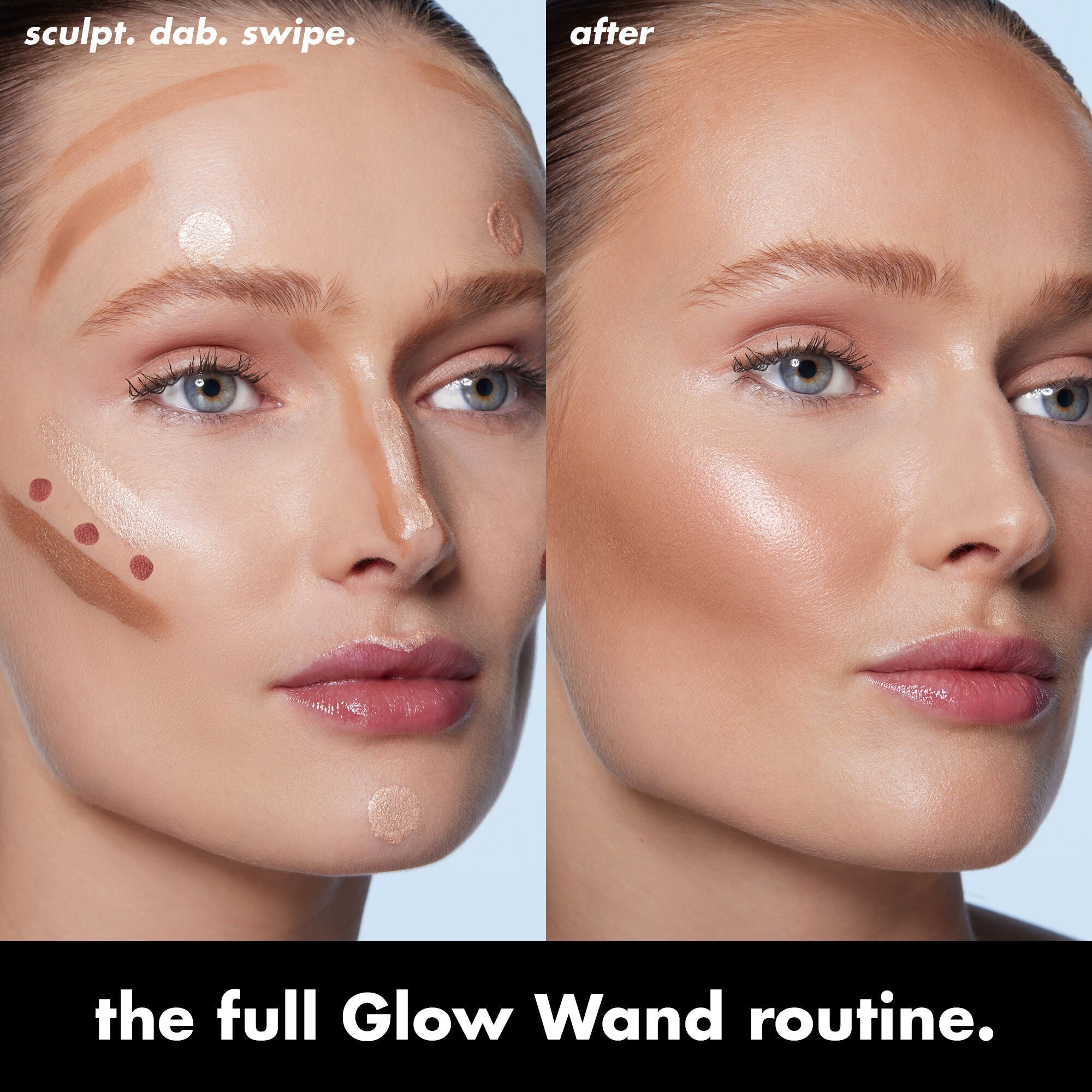 Before and After Applying Contour, Blush and Highlighter Beauty Wands to create a Glowy Look