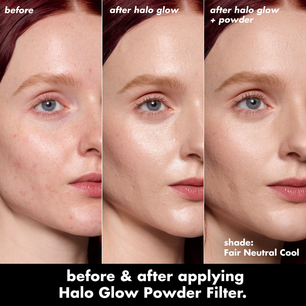Before and after applying Halo Glow Powder Filter on a model's face with Fair Neutral Cool shade.