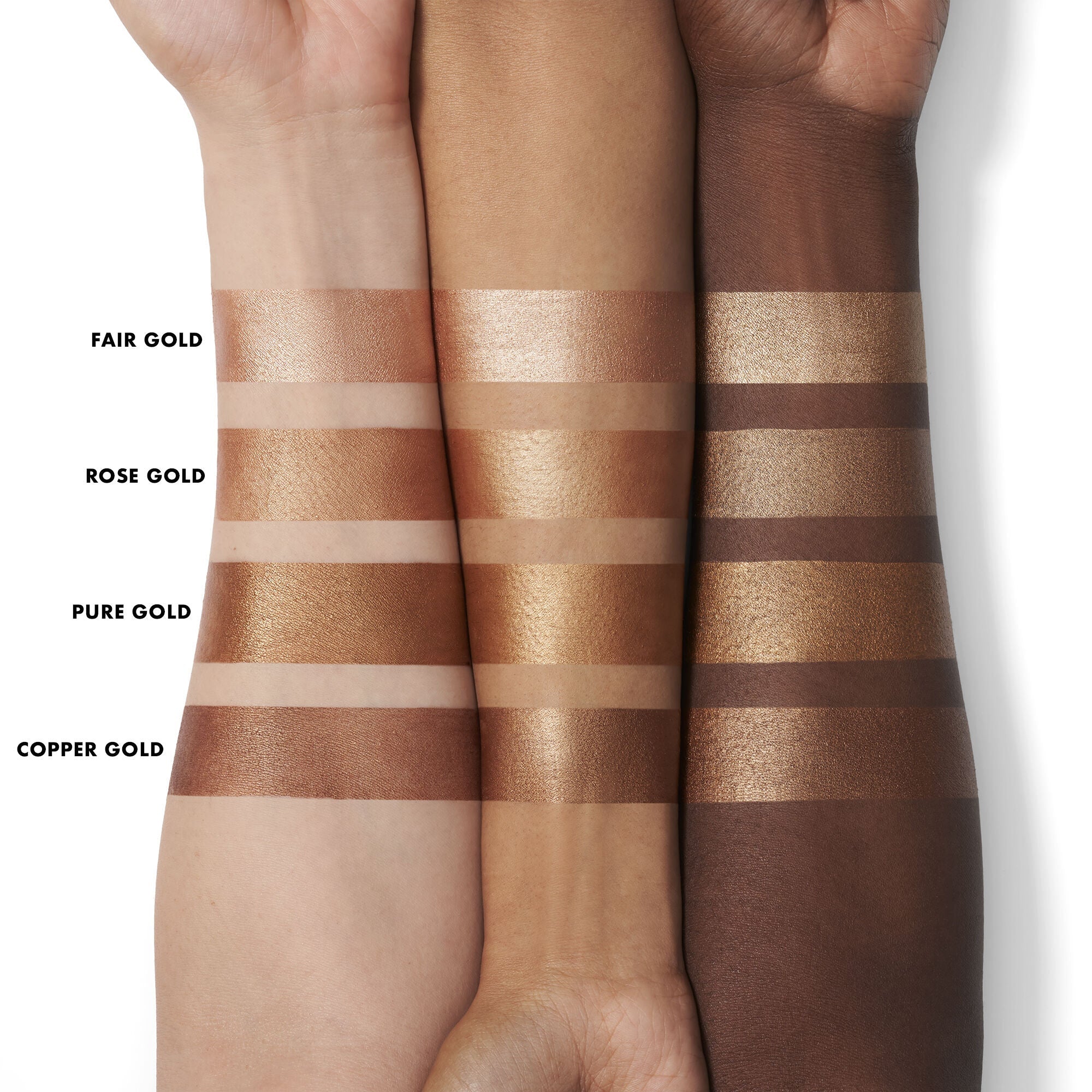 Bronzing drop swatches on different skin tones with labels.
