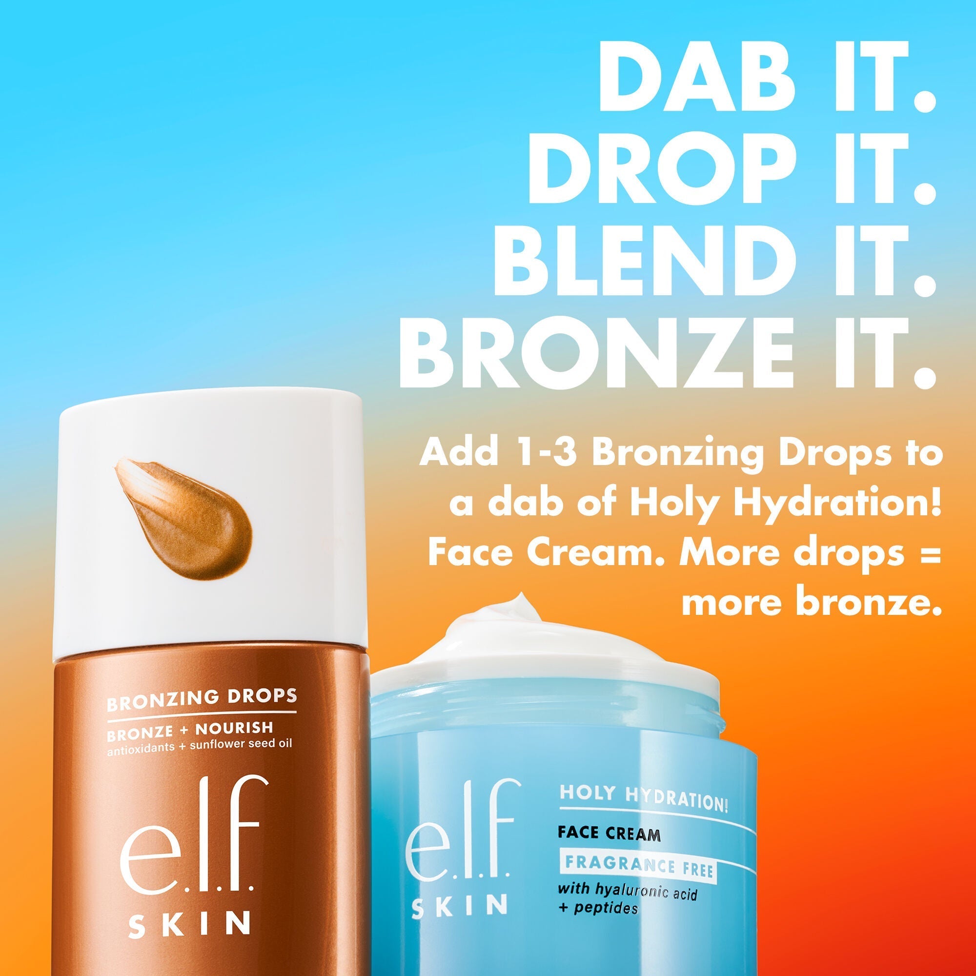 e.l.f. Skin bronzing drops and face cream with how to use text on a gradient background