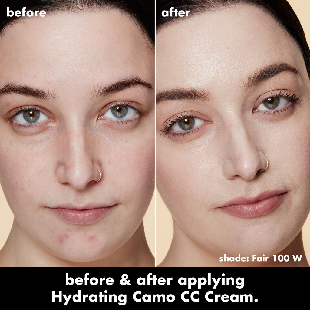 Before and After Applying Fair 100 W Hydrating Camo CC Cream
