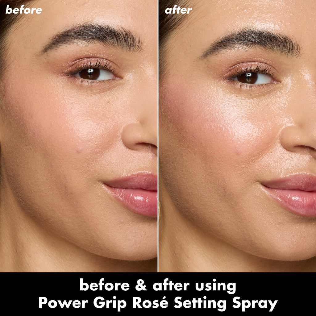 Before and after comparison of a woman's face using Power Grip Rosé Setting Spray.