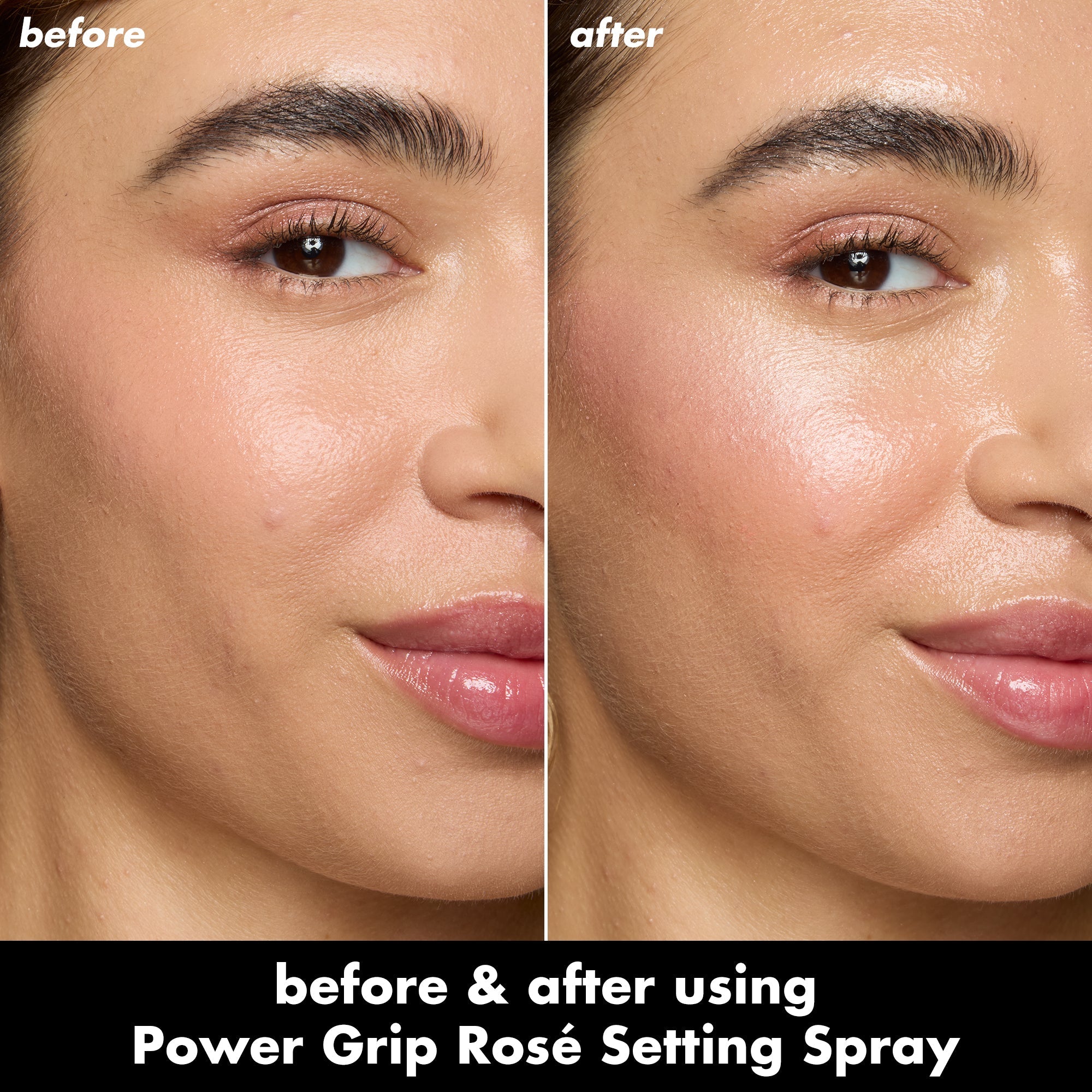 Before and after comparison of a woman's face using Power Grip Rosé Setting Spray.
