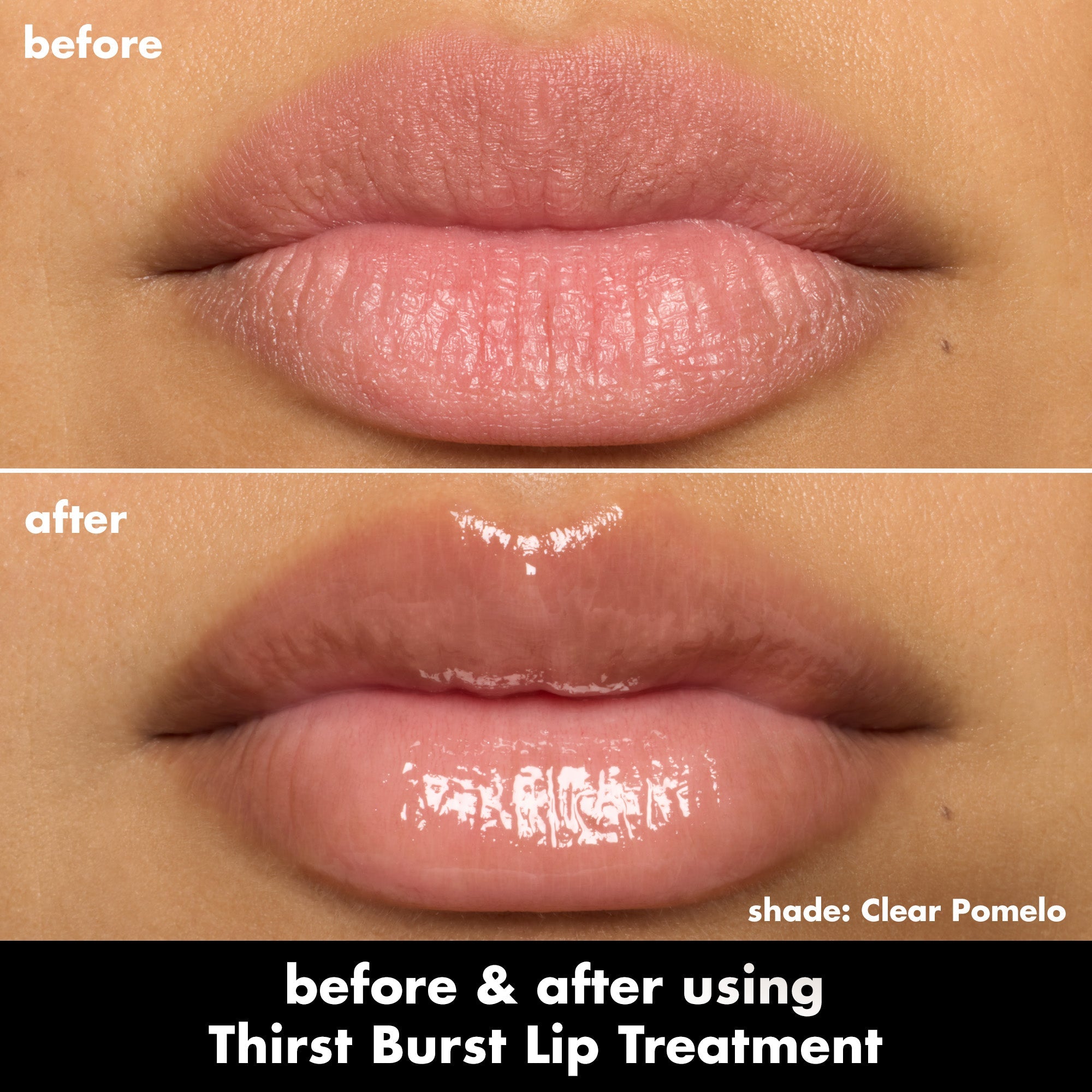Before and after comparison of lips using Clear Pomelo Thirst Burst Lip Treatment