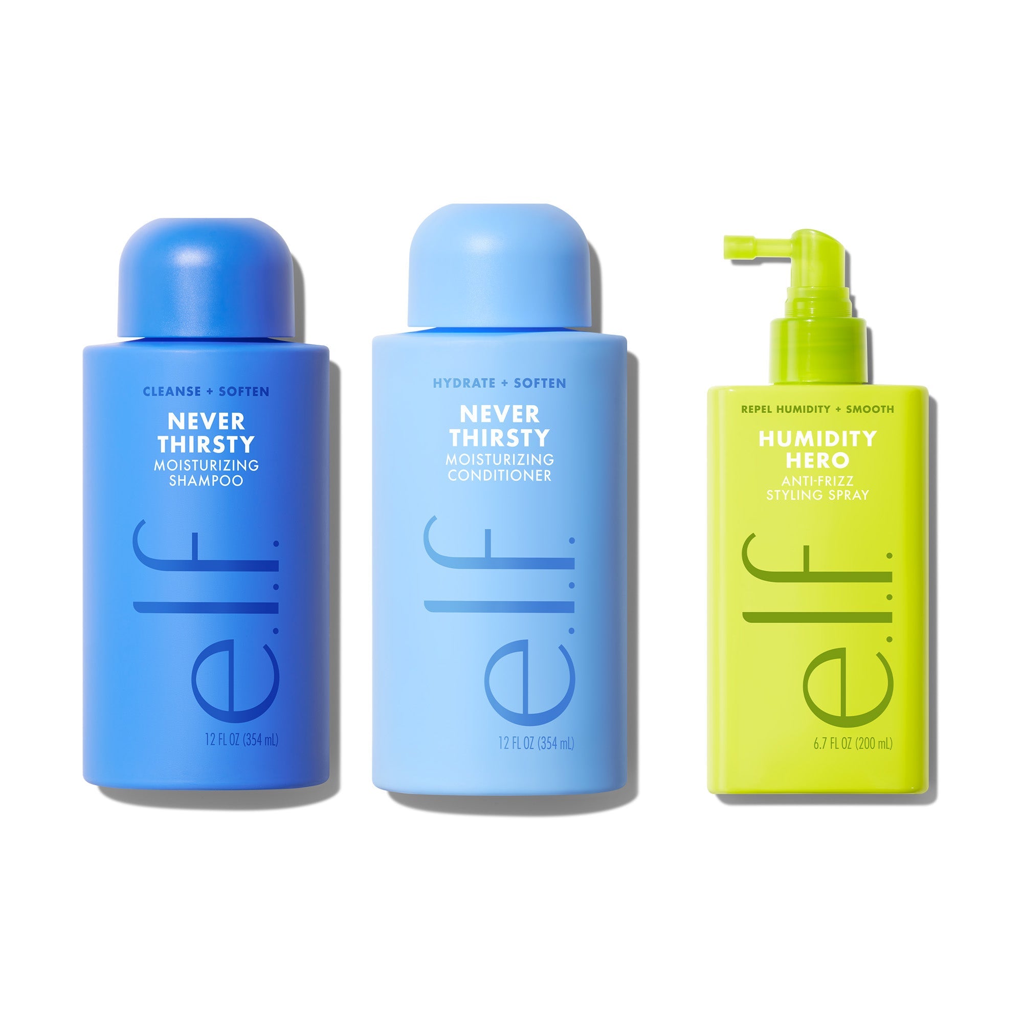 Frizz to Rizz Haircare Trio: Never Thirsty Shampoo and Conditioner and Humidity Hero Anti Frizz Styling Spray