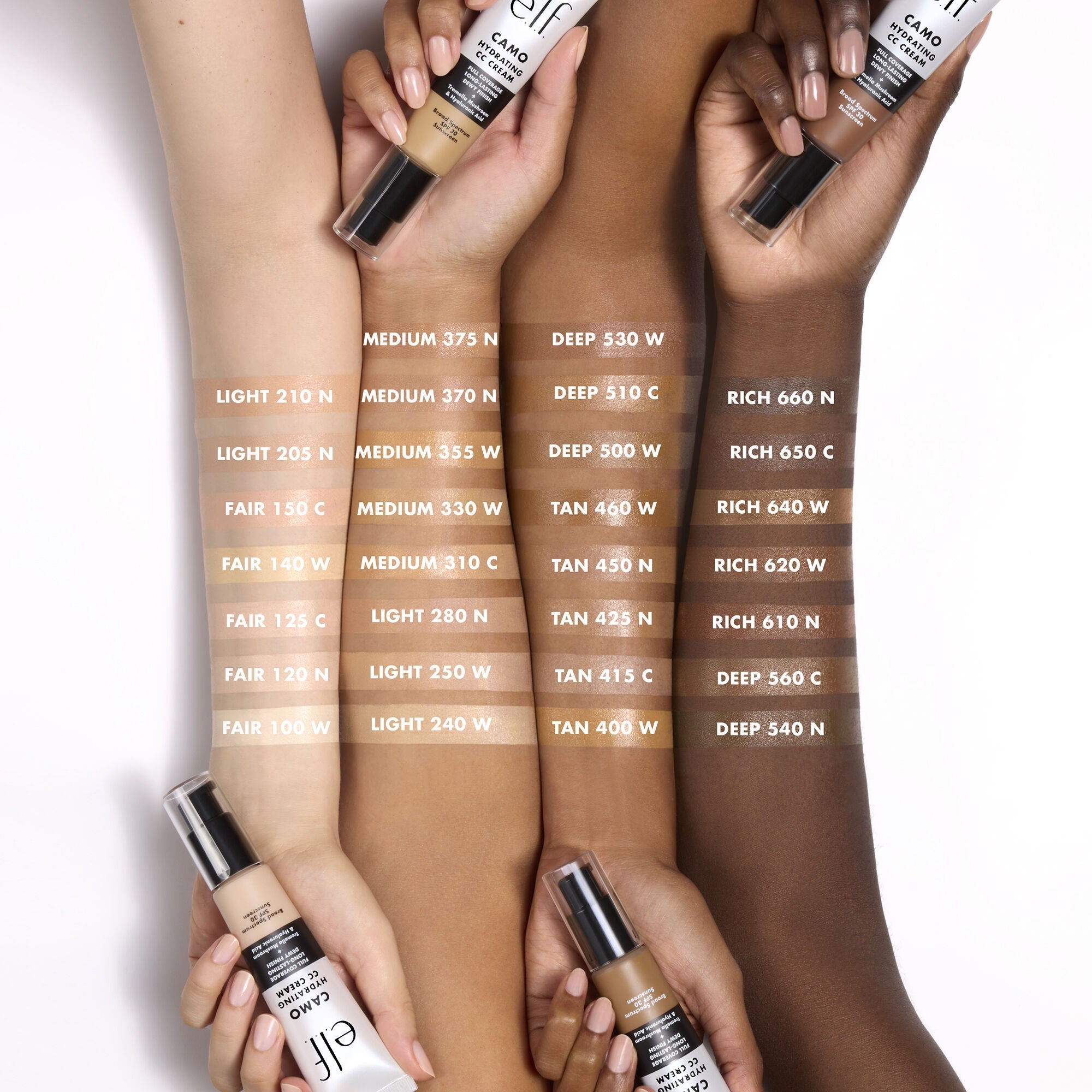 Camo CC Cream Arm Shade Swatches on Different Skin Tones
