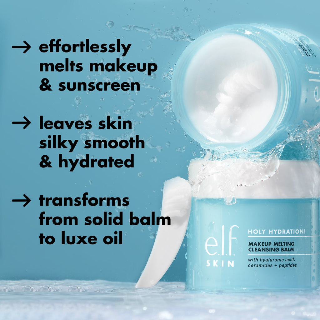 e.l.f. Skin Holy Hydration Makeup Melting Cleansing Balm with product and benefits