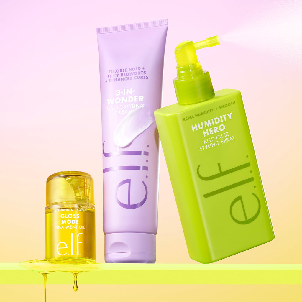 Set of e.l.f. new hair care products including oil, cream, and anti-frizz spray