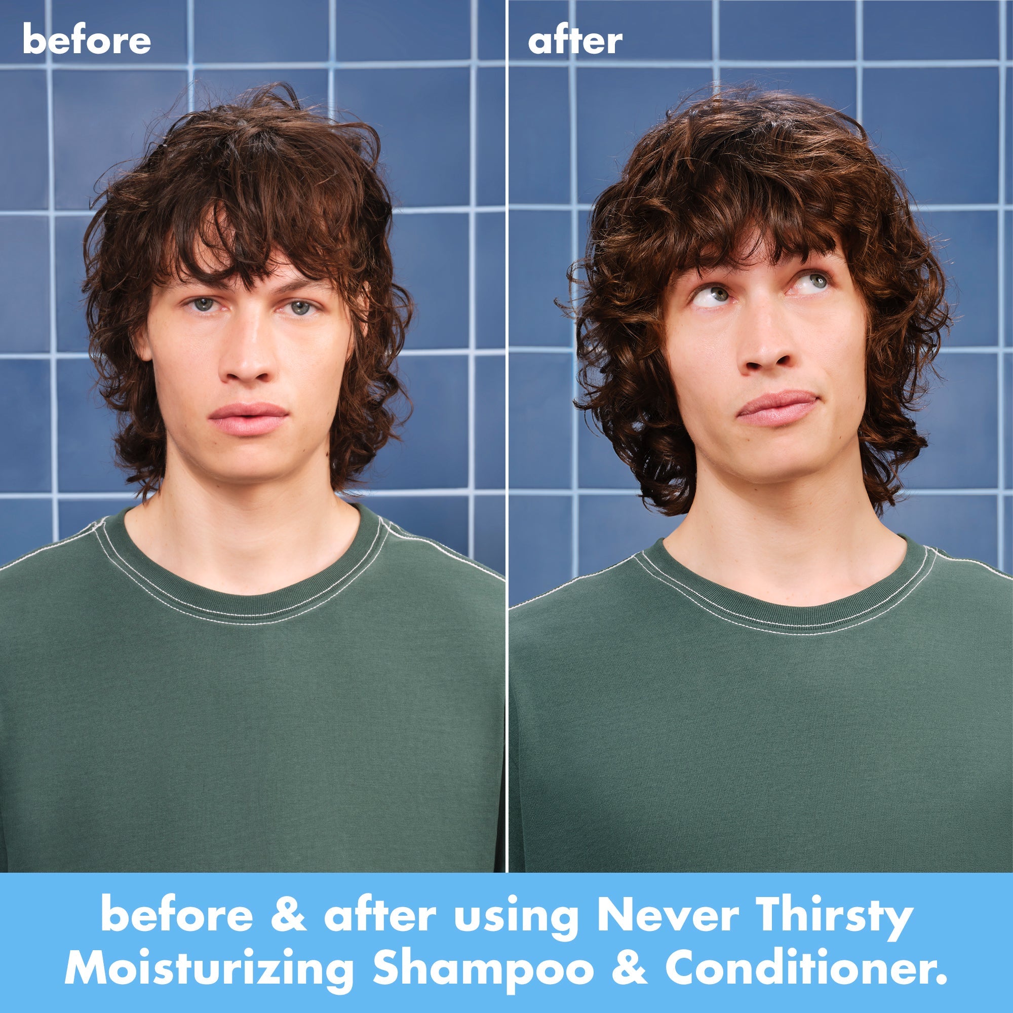 Male's hair before and after using Never Thirsty Moisturizing Shampoo and Conditioner