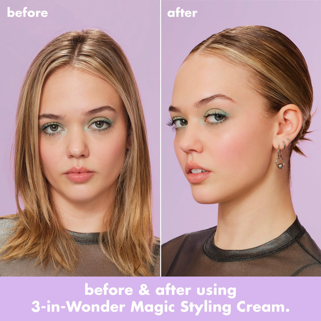 Before and after showing smoother, shinier hair after using 3-in-Wonder Magic Styling Cream Wand