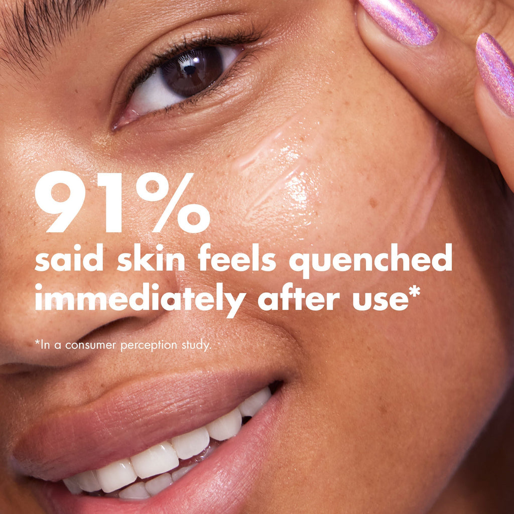 Model applying brightening serum with text about skin hydration in a consumer perception study