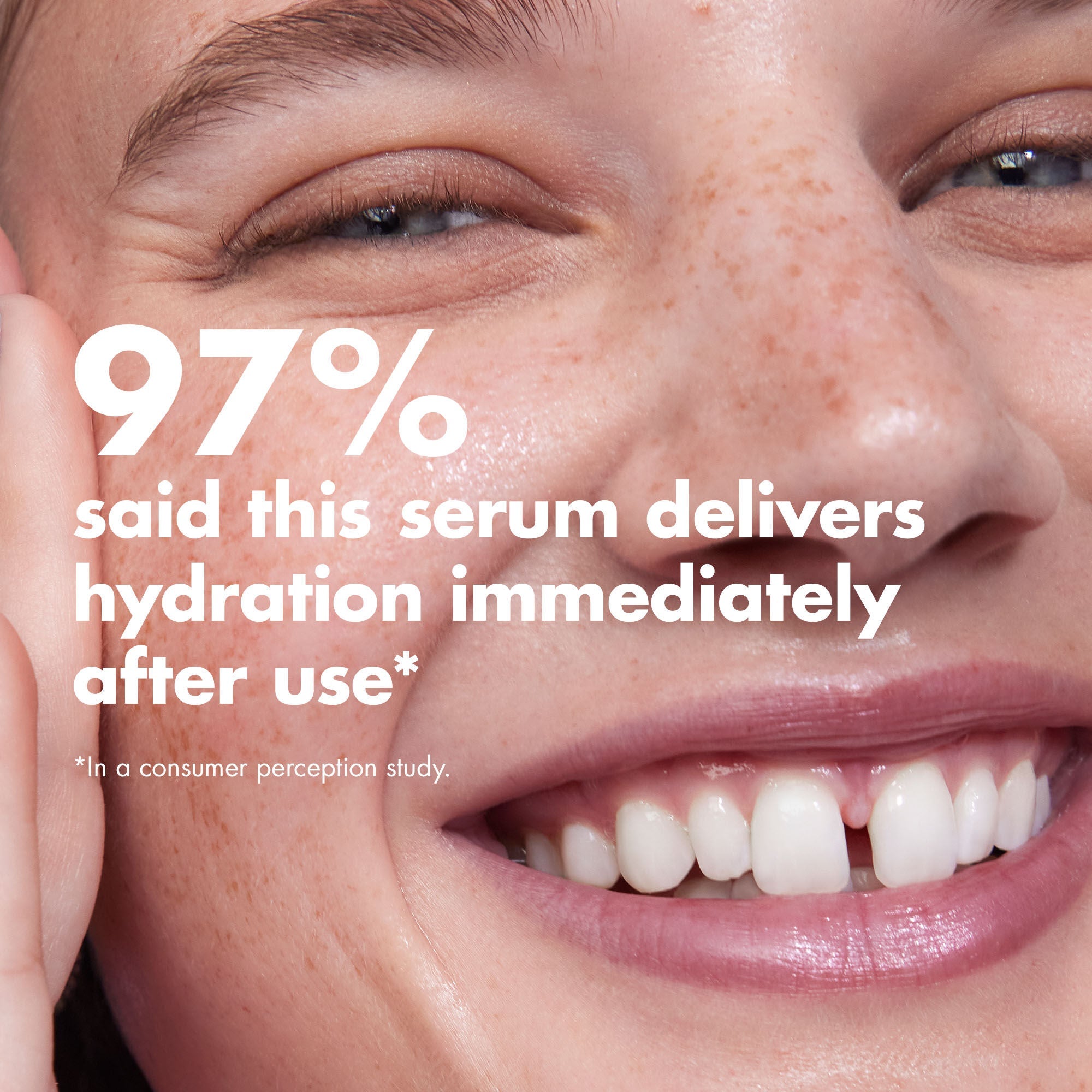 Model applying brightening serum with text about Thirst Burst Drops delivering hydration immediately after use in a consumer perception study