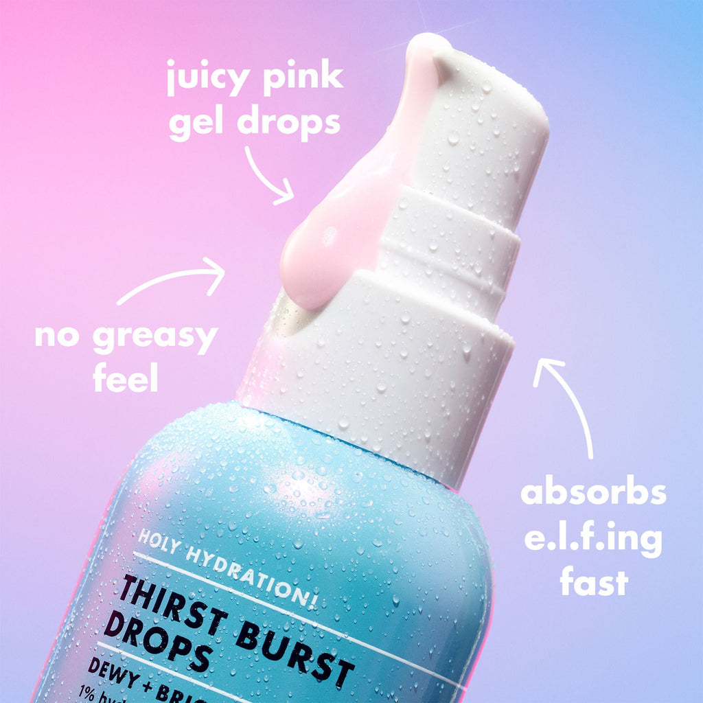 Bottle of brightening Thirst Burst Drops with text highlighting features on a pink and purple gradient background
