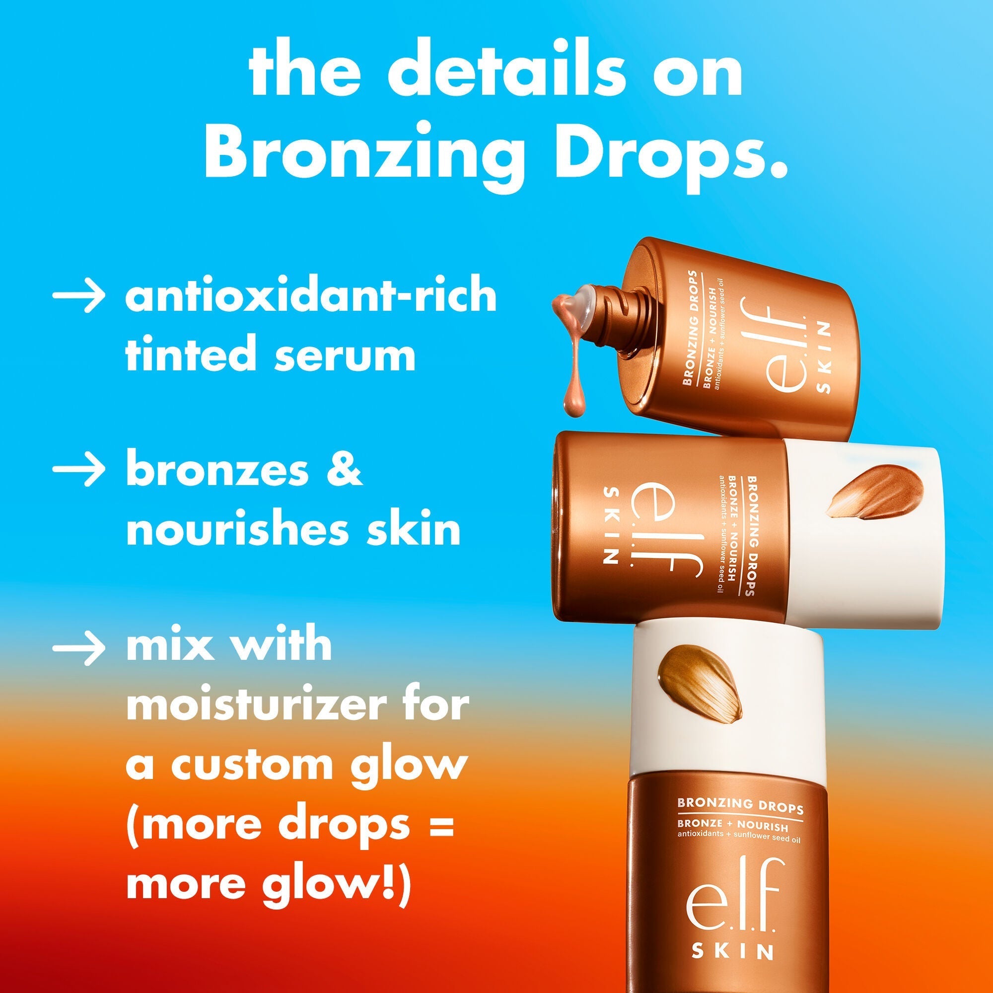 e.l.f. skin bronzing drops with product details on a blue and orange gradient background