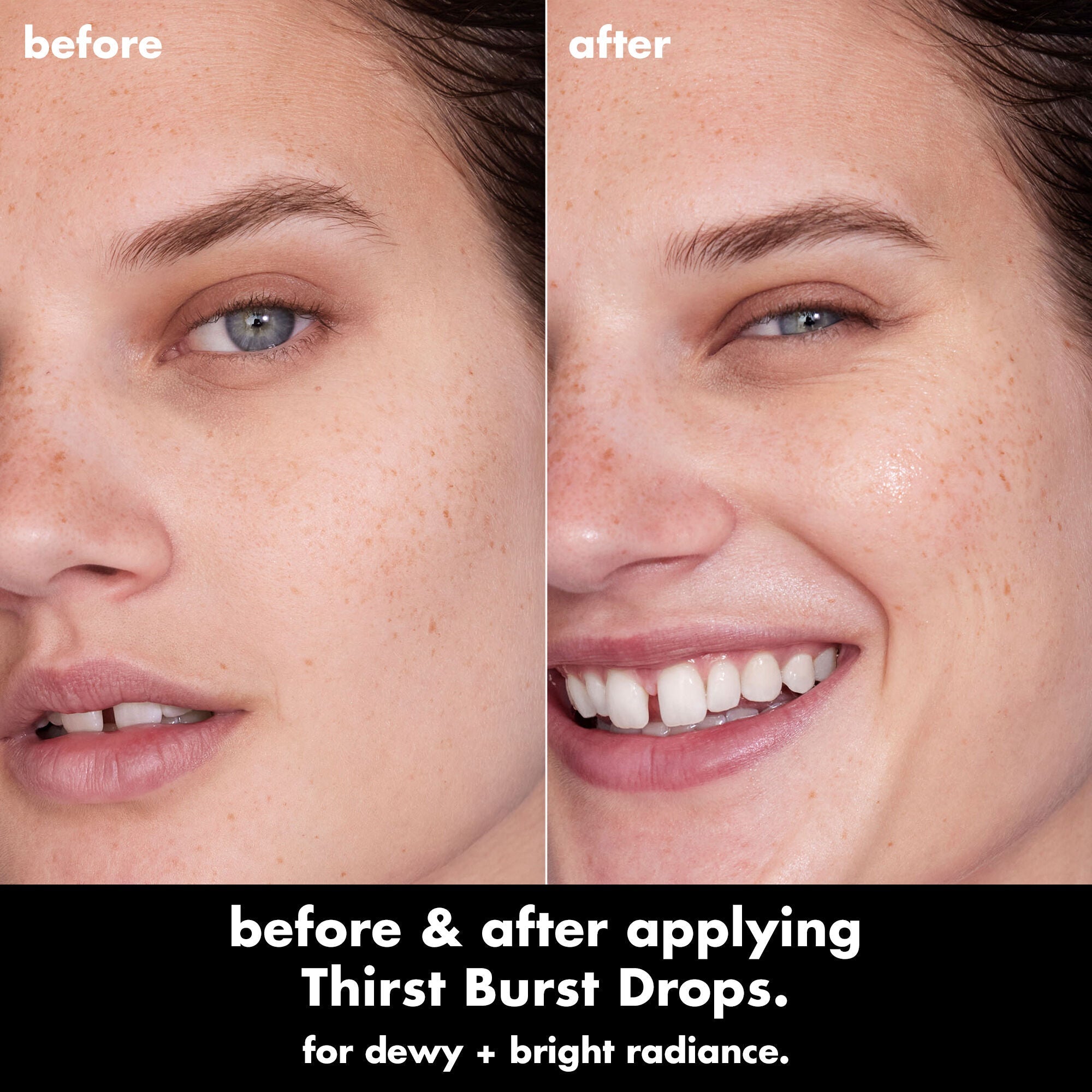 Model before and after using Thirst Burst Drops