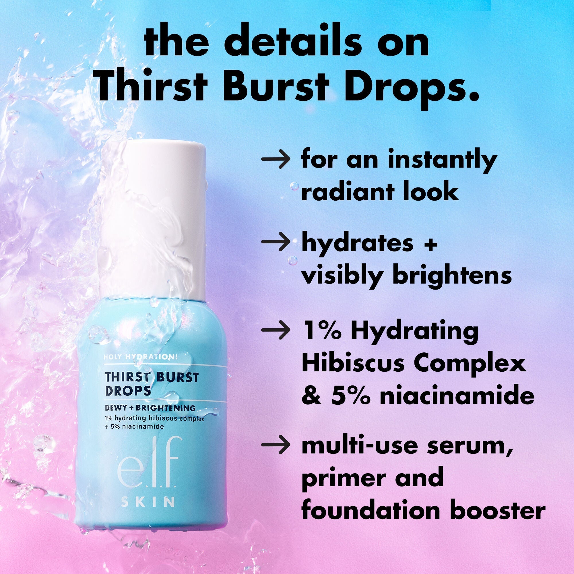 Brightening serum with text detailing Thirst Burst Drops' benefits on a colorful background