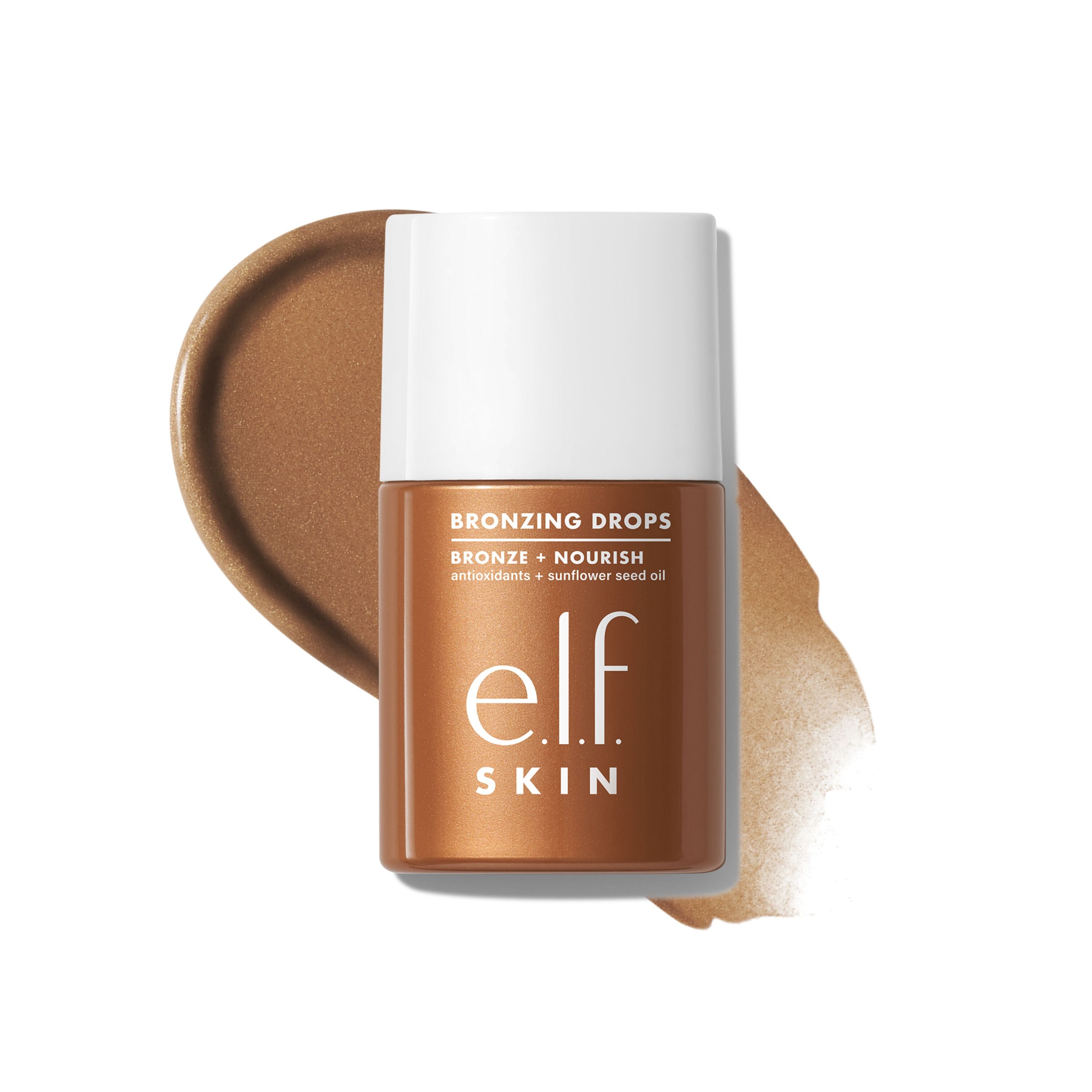 e.l.f. Skin bronzing drops in the shade pure gold with a swatch on a white background