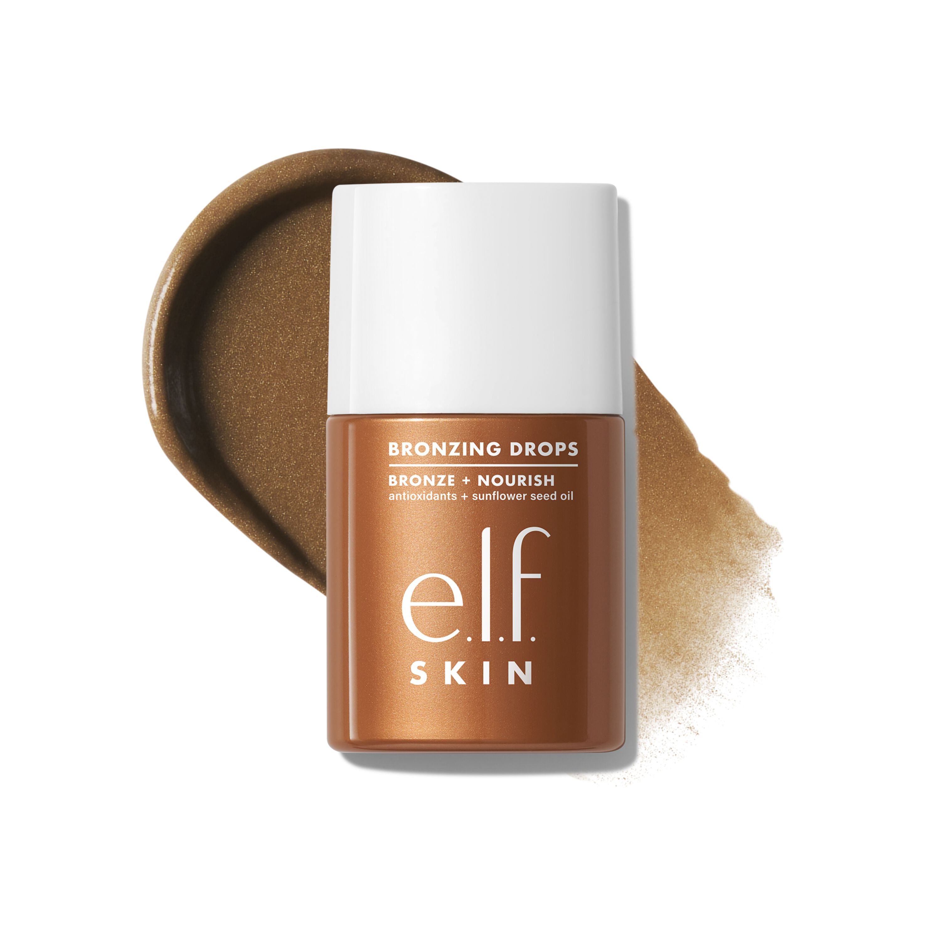 e.l.f. Skin bronzing drops in the shade copper gold with a swatch on a white background