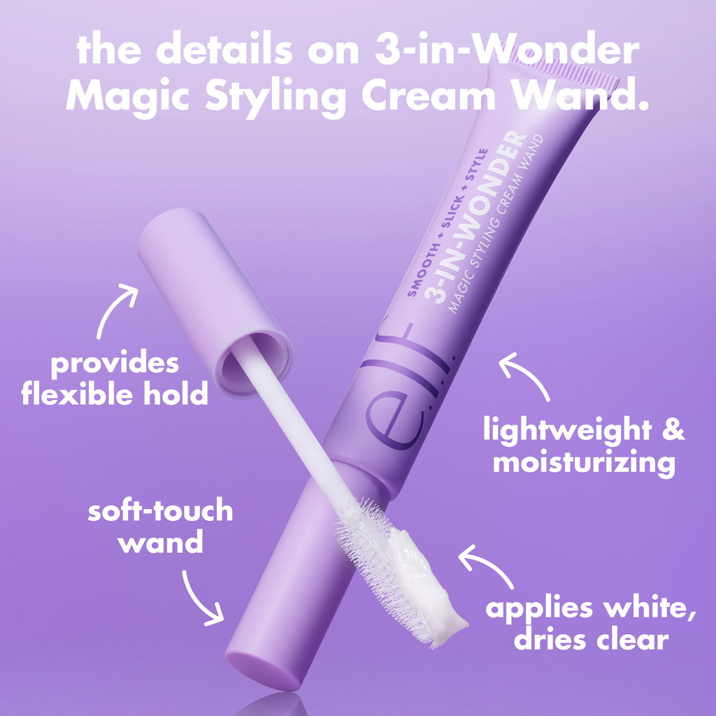 Details of the e.l.f. 3-in Wonder Magic Styling Cream Wand: Lightweight & Moisturizing, Applies White and Dries Clear, Soft Touch Wand that Provides FlexibleH Hold