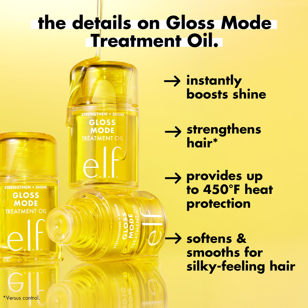 The Details on Gloss Mode Hair Treatment Oil: Boosts Shine, Strengthens Hair, Softens and Smoothes, Provides Heat Protection