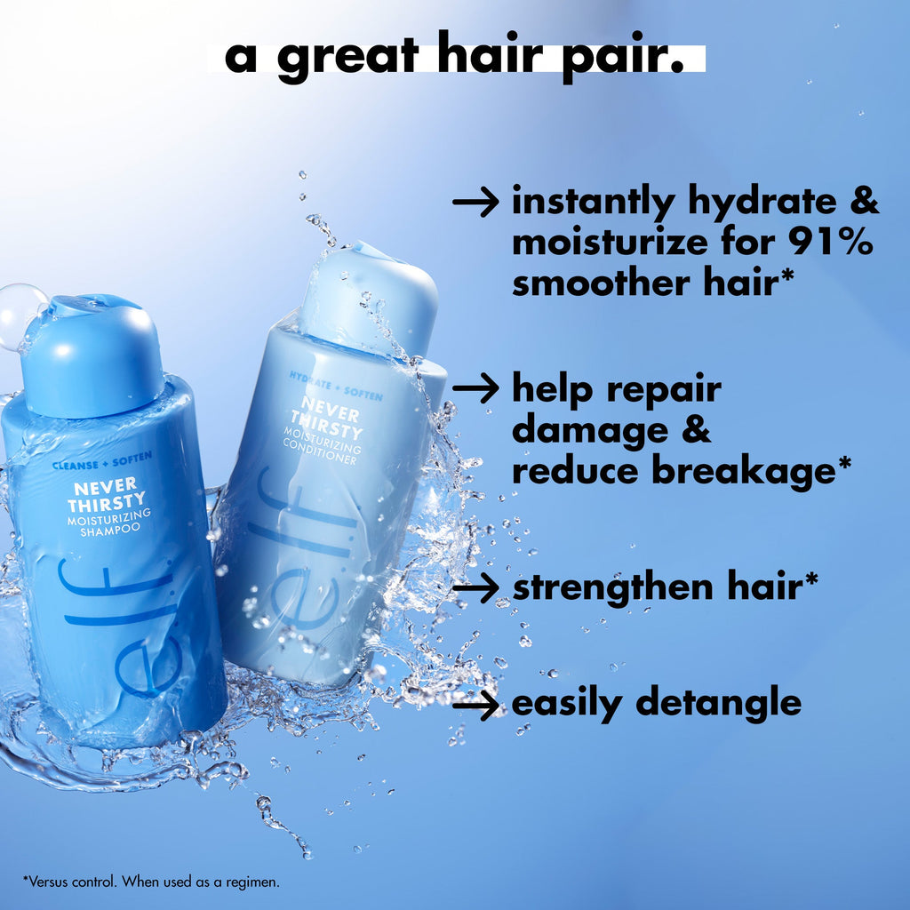 The features of e.l.f. Never Thirsty Moisturizing Shampoo and Conditioner