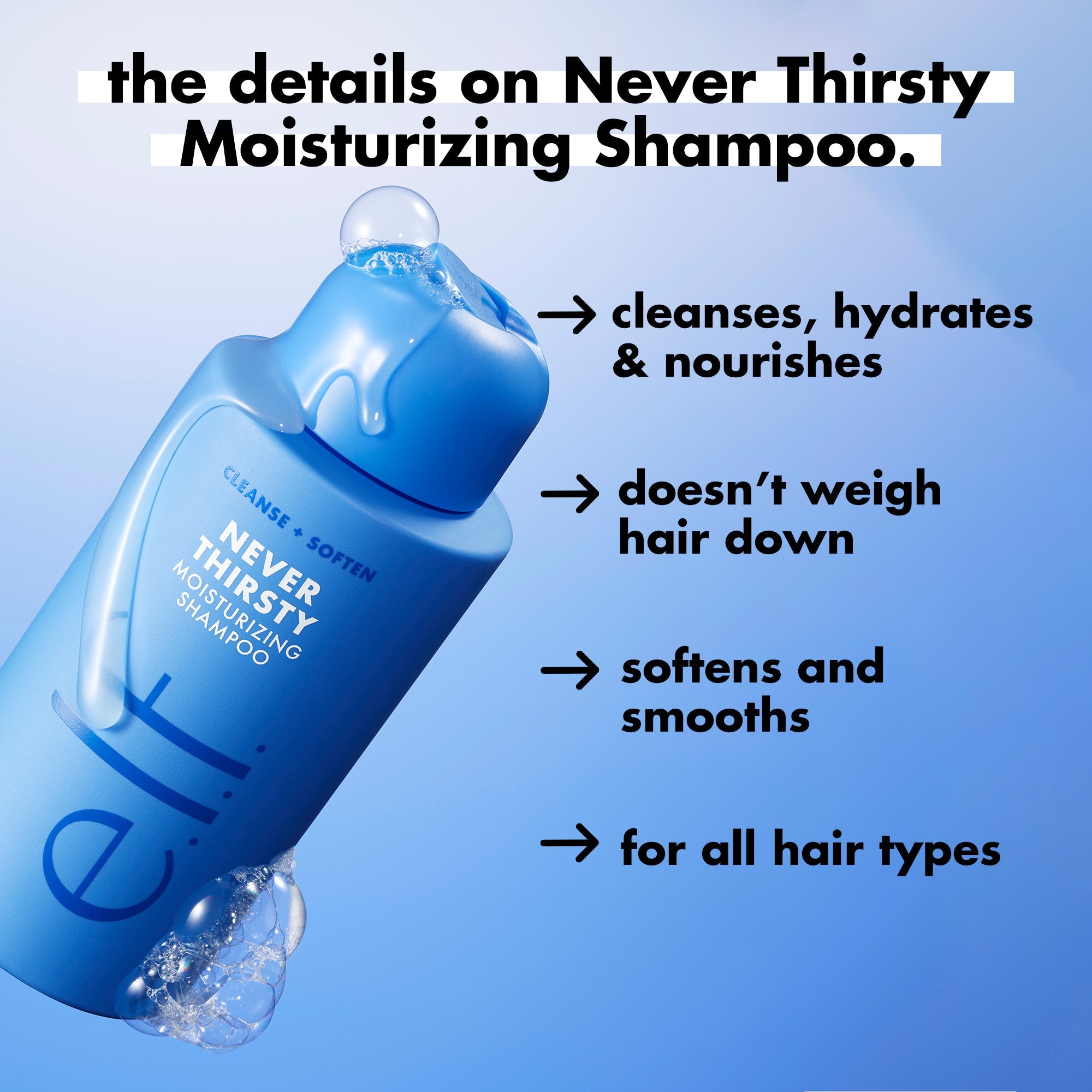 The features of e.l.f. Never Thirsty Moisturizing Shampoo