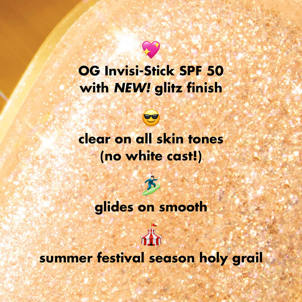 Invisi-Stick SPF 50 Glitz is clear on all skin tones with no white cast