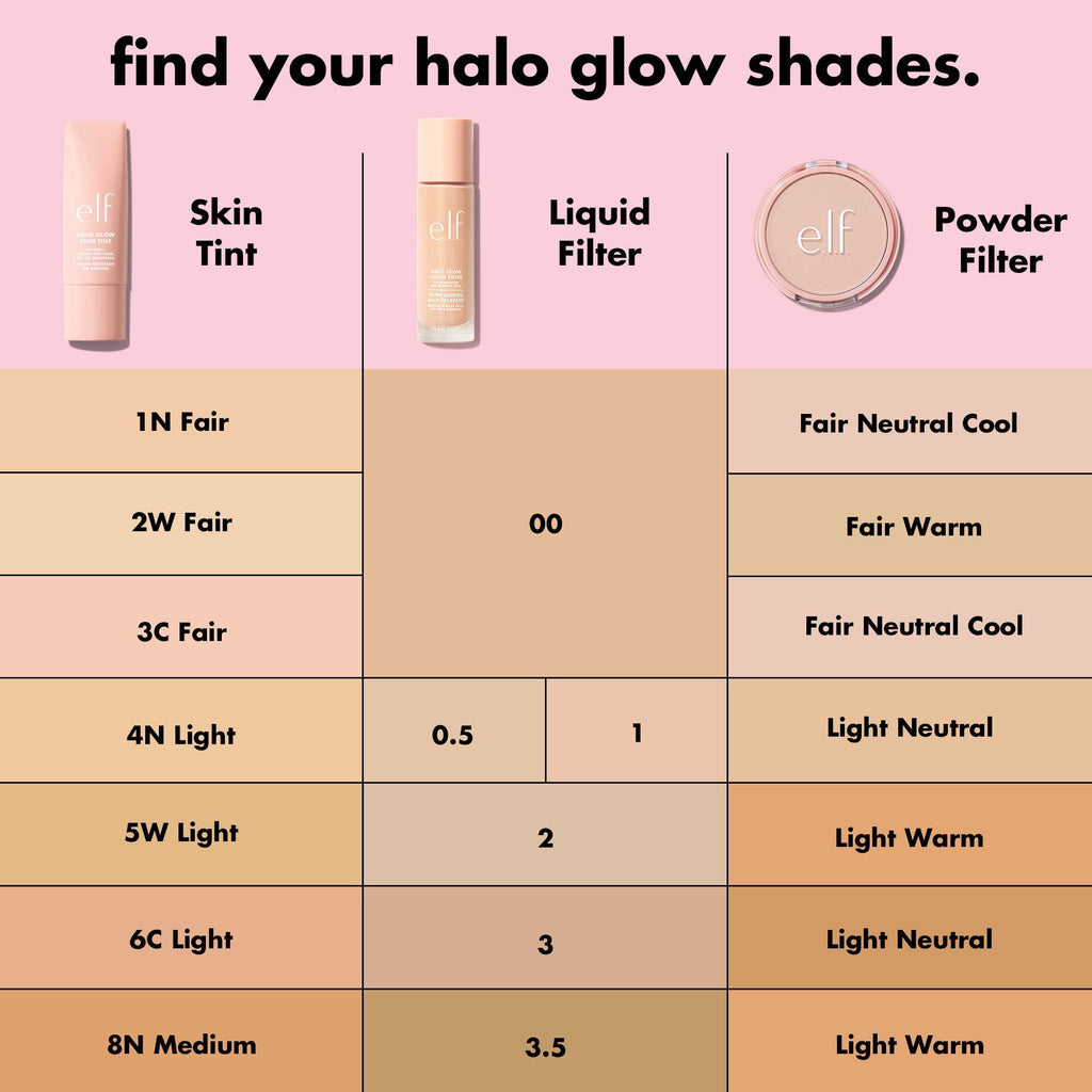 Shade Chart for Halo Glow Skin TInt, Liquid Filter and Powder Filter