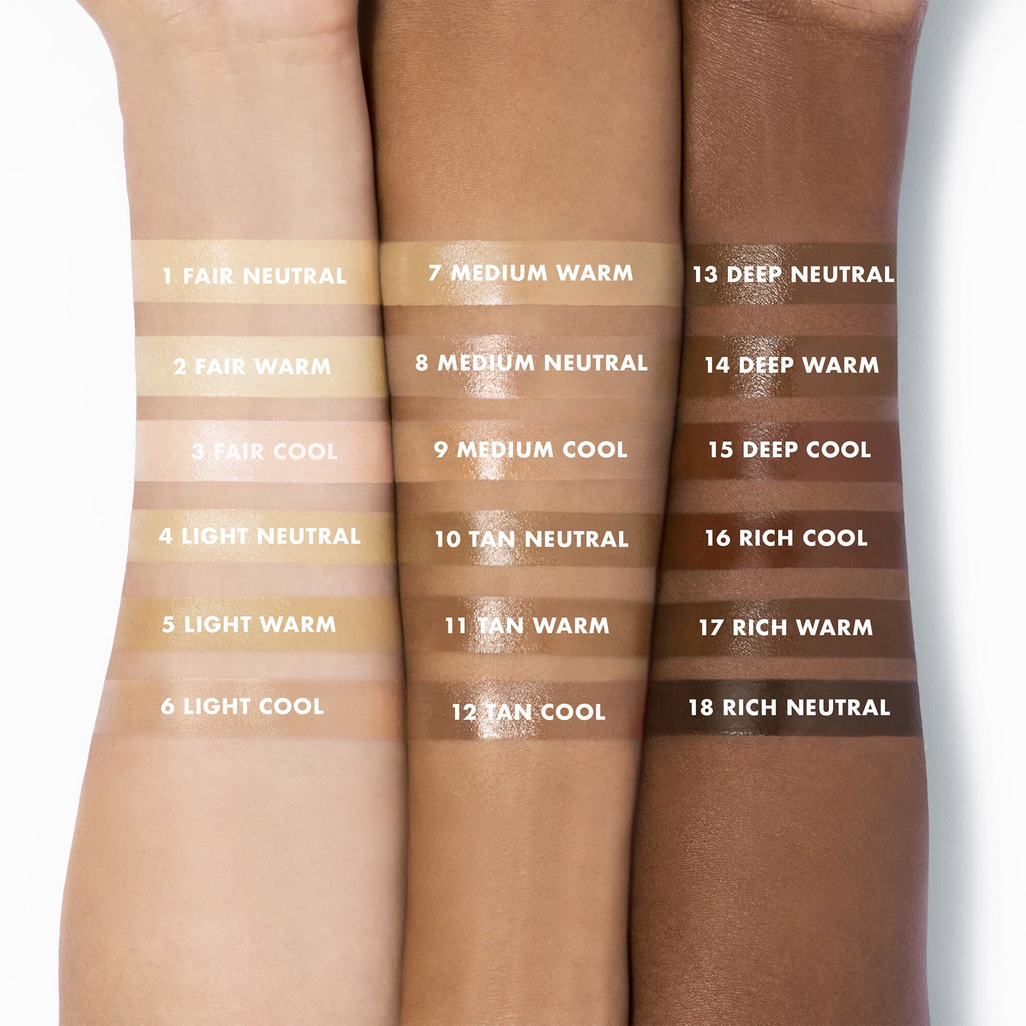Halo Glow Skin Tint SPF 50 skin tone arm swatches of all shades.