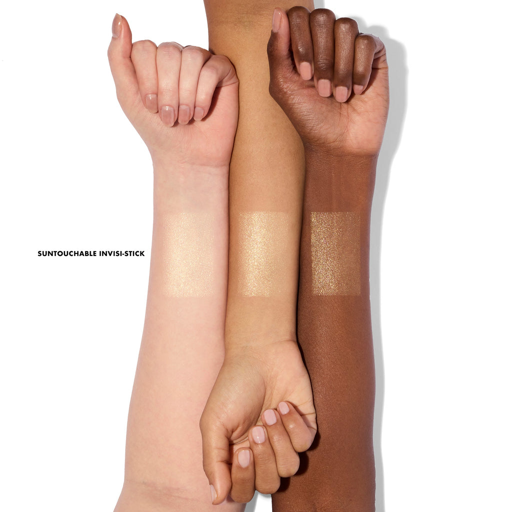 Suntouchable Invsi-Stick Glitz arm swatches on a variety of skin tones