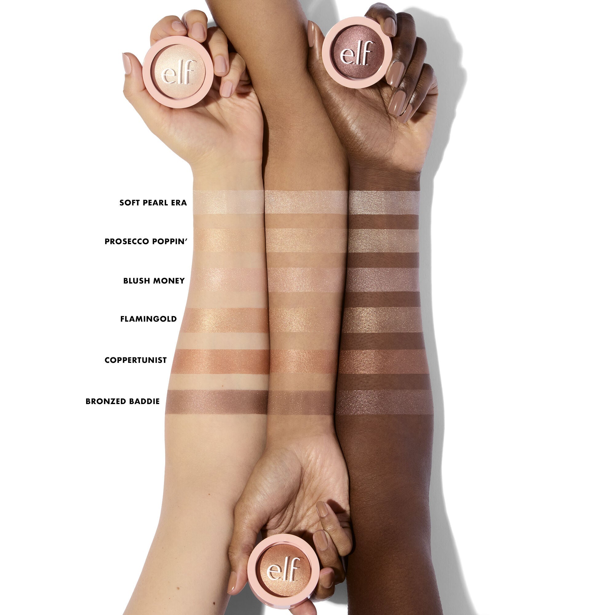 Halo Glow Silky Powder Highlighter Arm Shade Swatches on Different Skin Tones