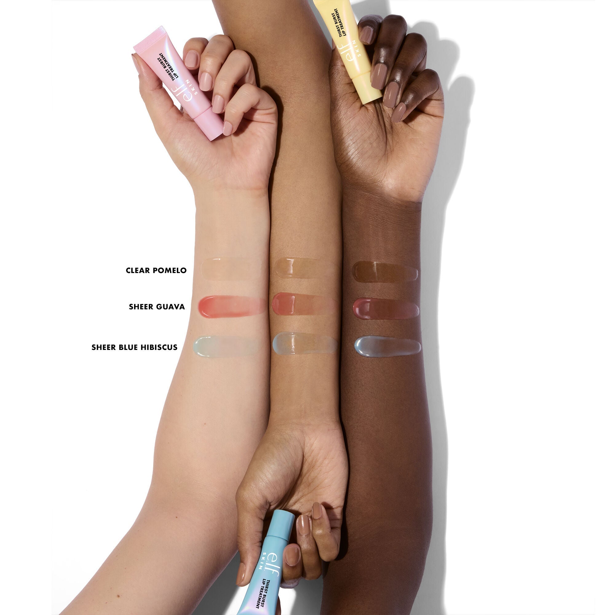 Thirst Burst Lip Treatment Arm Shade Swatches on Different Skin Tones